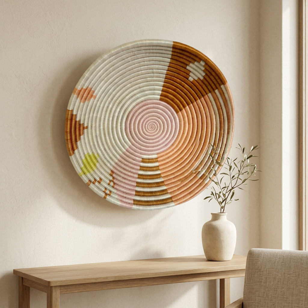 Pink, cream and ochre Rwanda Kitale wall basket displayed above an oak console in a neutral interior.