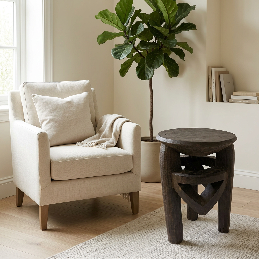 Dark carved wooden African stool beside a cream linen armchair in a neutral reading corner.