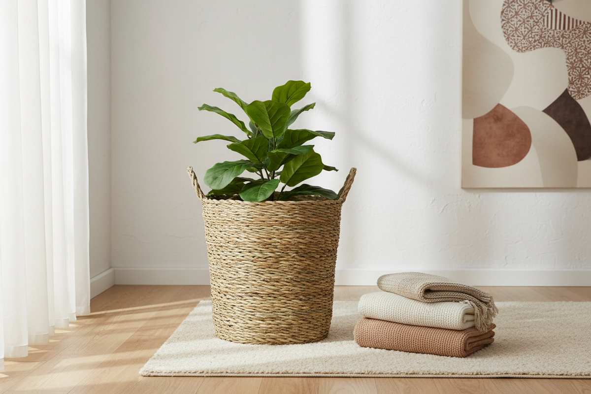 Medium Malawian handwoven grass basket used as a plant display with folded blankets nearby