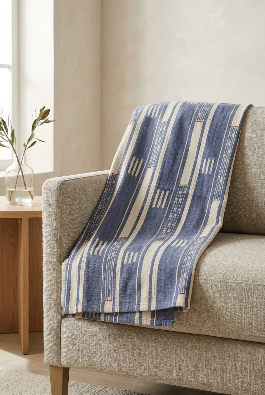 Blue and cream handwoven Baule cloth from Ivory Coast draped over a neutral linen armchair