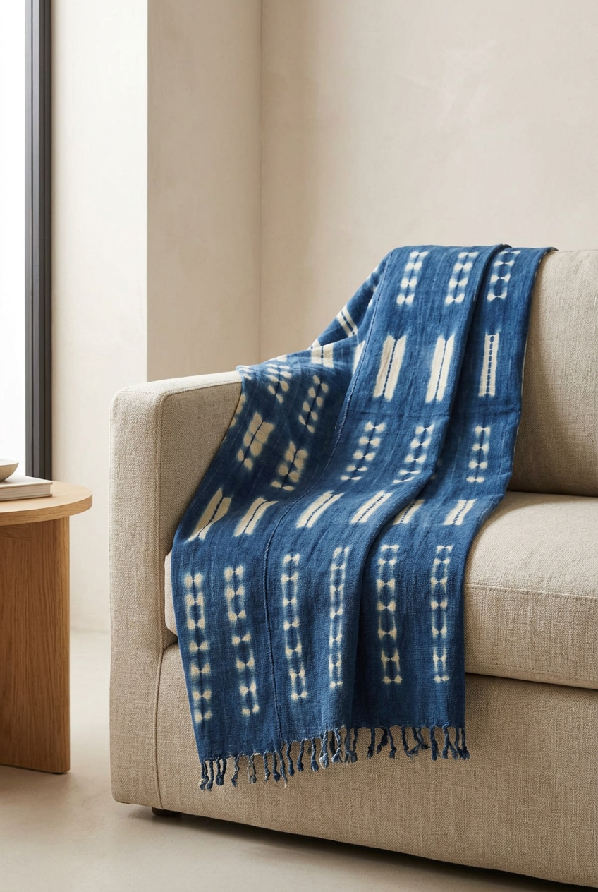 Indigo-blue handwoven Baule cloth with cream geometric motifs draped over a neutral linen armchair