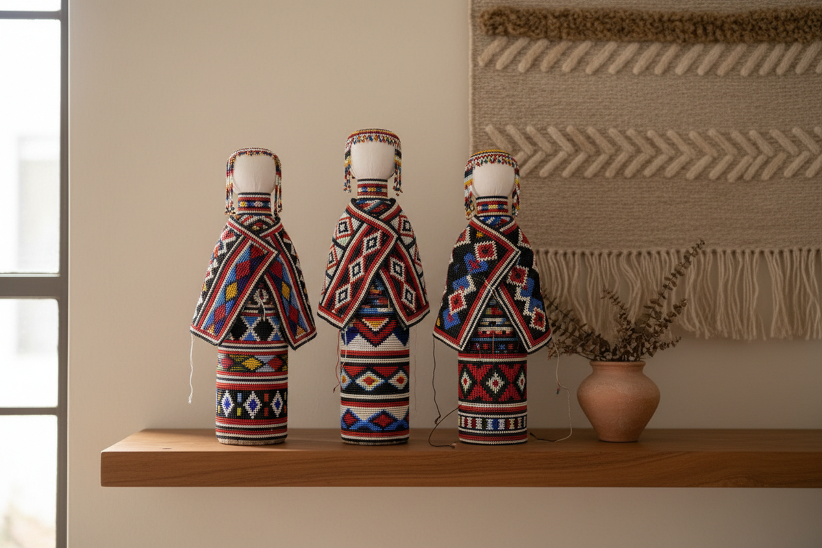 Ndebele beaded dolls crafted in South Africa displayed as handmade African decor