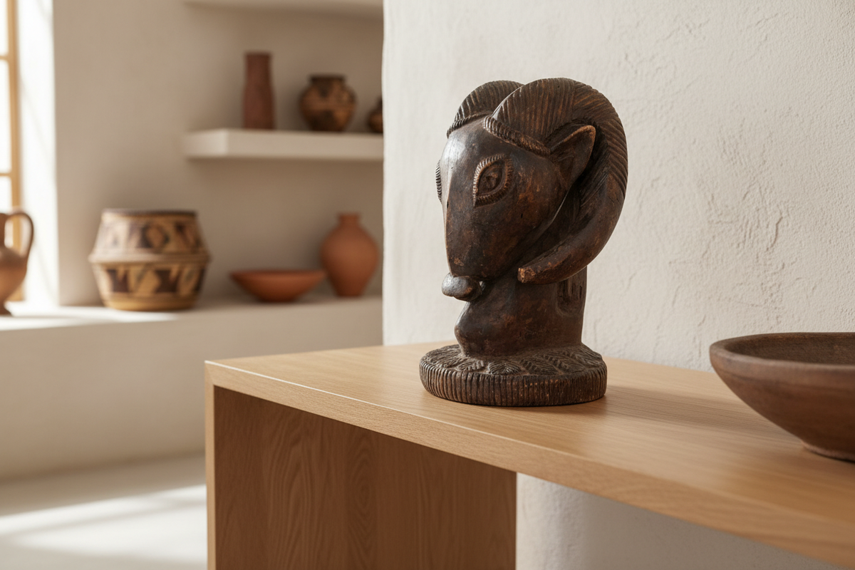 Baule wooden ram sculpture from Ghana and Côte d’Ivoire displayed in a curated African art interior