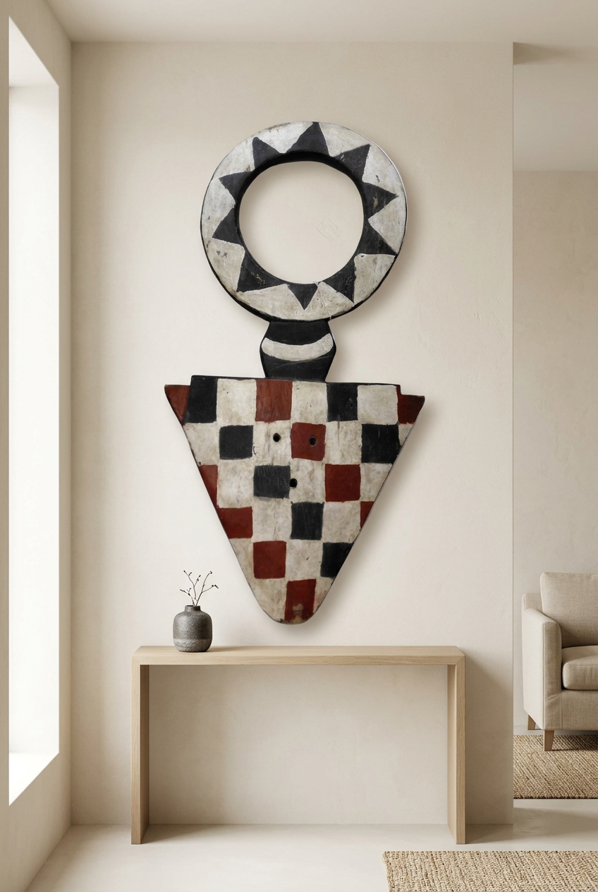 Bedu Plank Mask with black, white and rust-red painted details displayed above an oak console.