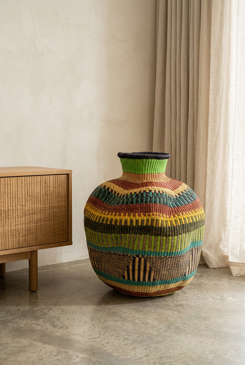 Colourful Bolga Pot Basket with green neck and terracotta, yellow and turquoise woven bands beside an oak console