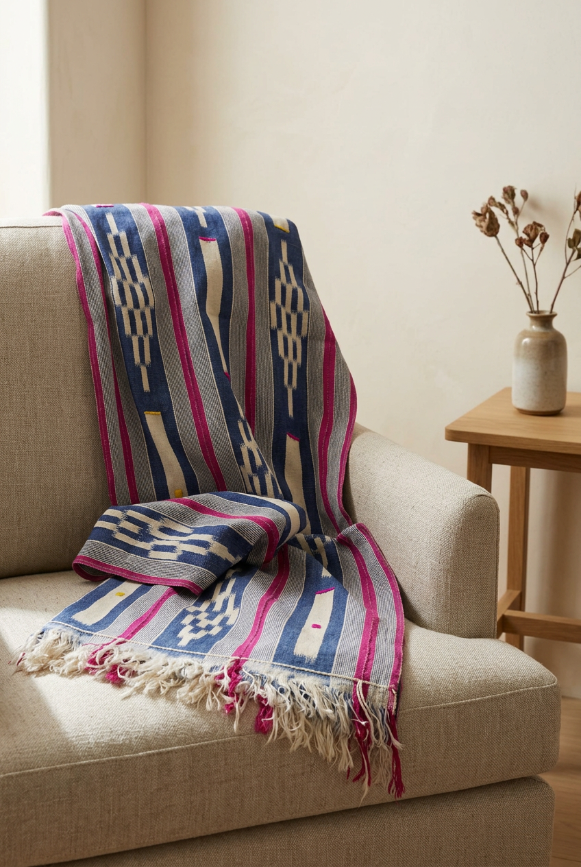 Baule cloth from Ivory Coast with pink stripes, indigo-blue panels and cream motifs draped over a neutral armchair