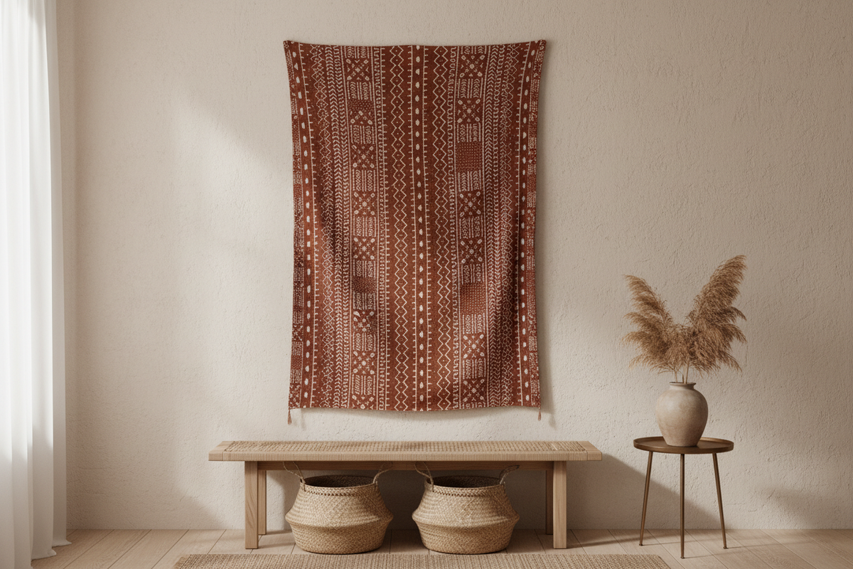 Bogolan mud cloth from Mali displayed as a bronze-toned wall hanging in a warm interior