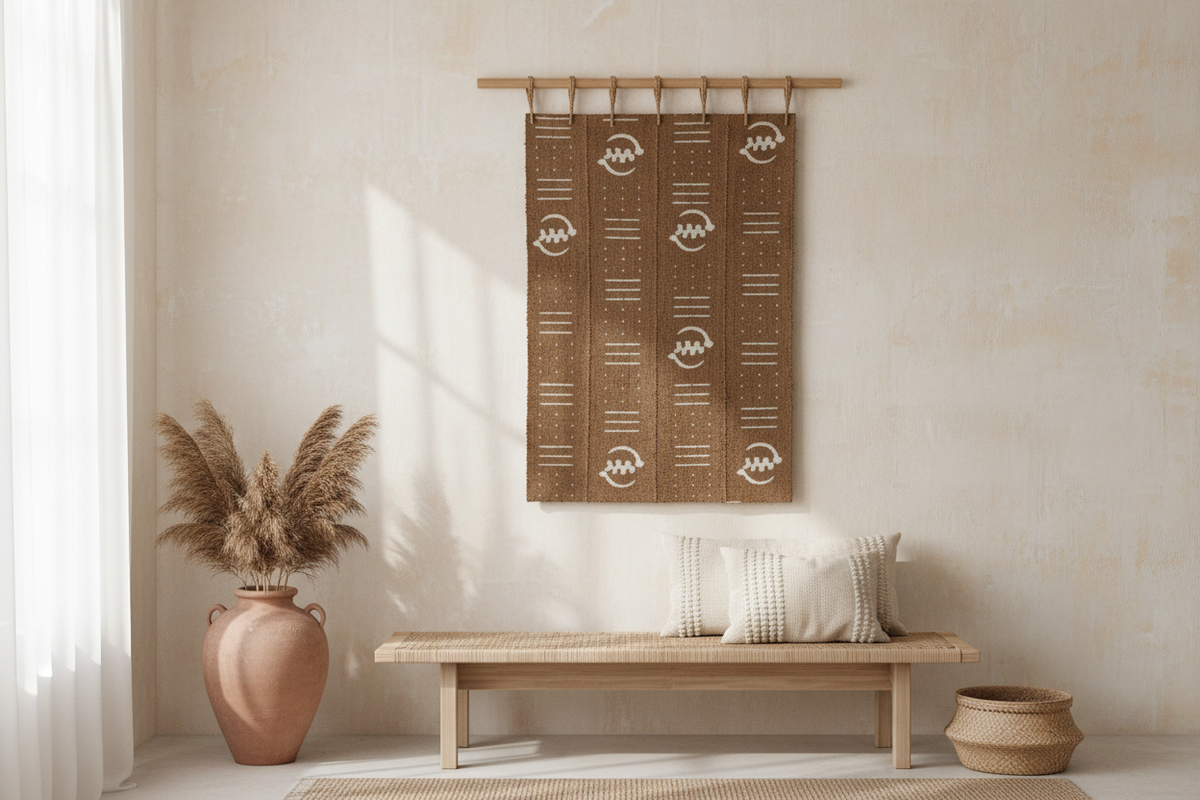 Traditional Bogolan mud cloth from Mali displayed as a wall hanging in a warm interior