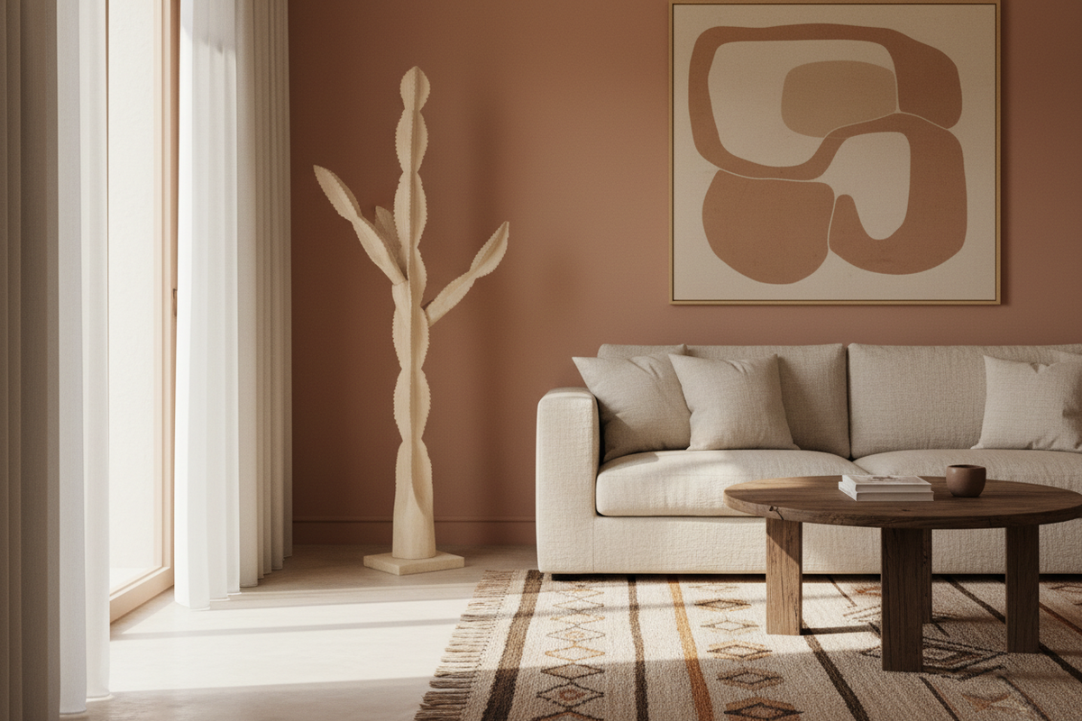 Hand-carved jacaranda wood cactus from Swaziland displayed as a tall sculptural interior accent
