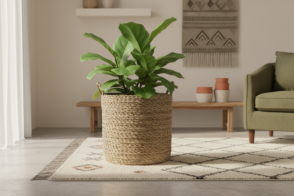Malawian handwoven grass basket used as a plant display in a warm natural interior