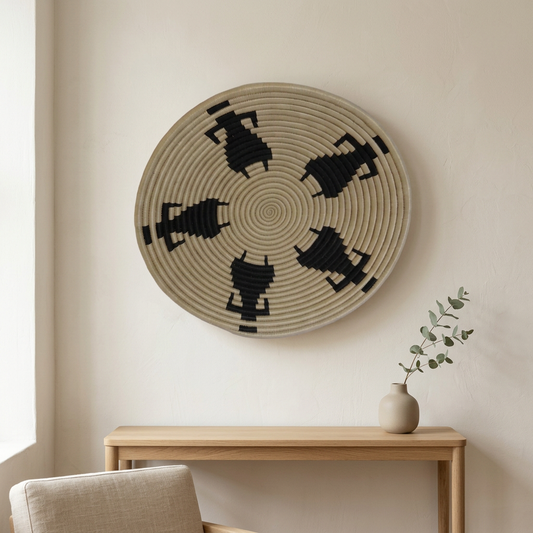 Rwanda basket staged above an oak console